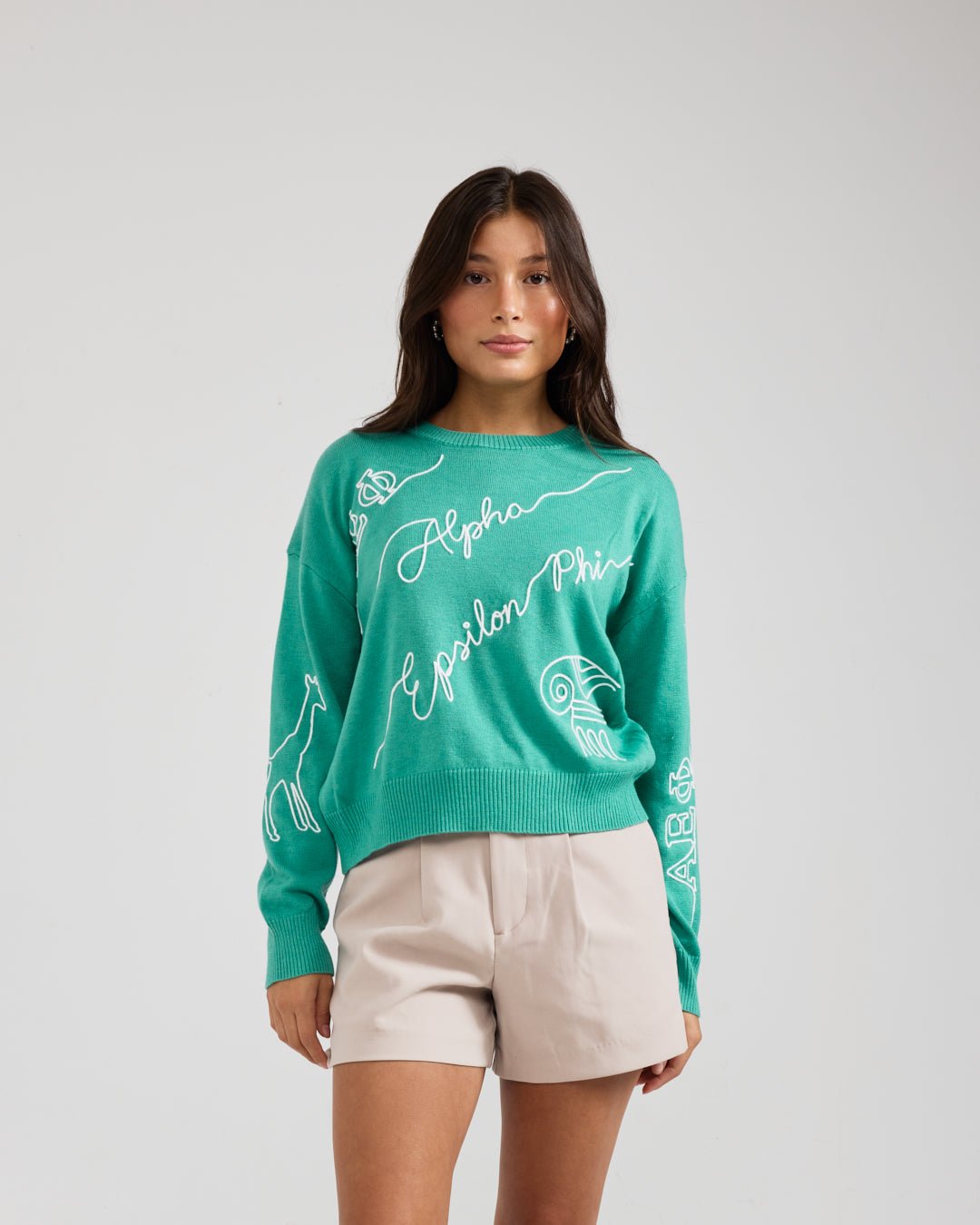 green and white crewneck sorority sweater with Alpha Epsilon Phi embroidered logo, perfect for sorority recruitment