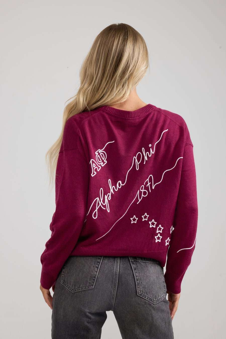 maroon and white crewneck sorority sweater with Alpha Phi embroidered logo, perfect for college class
