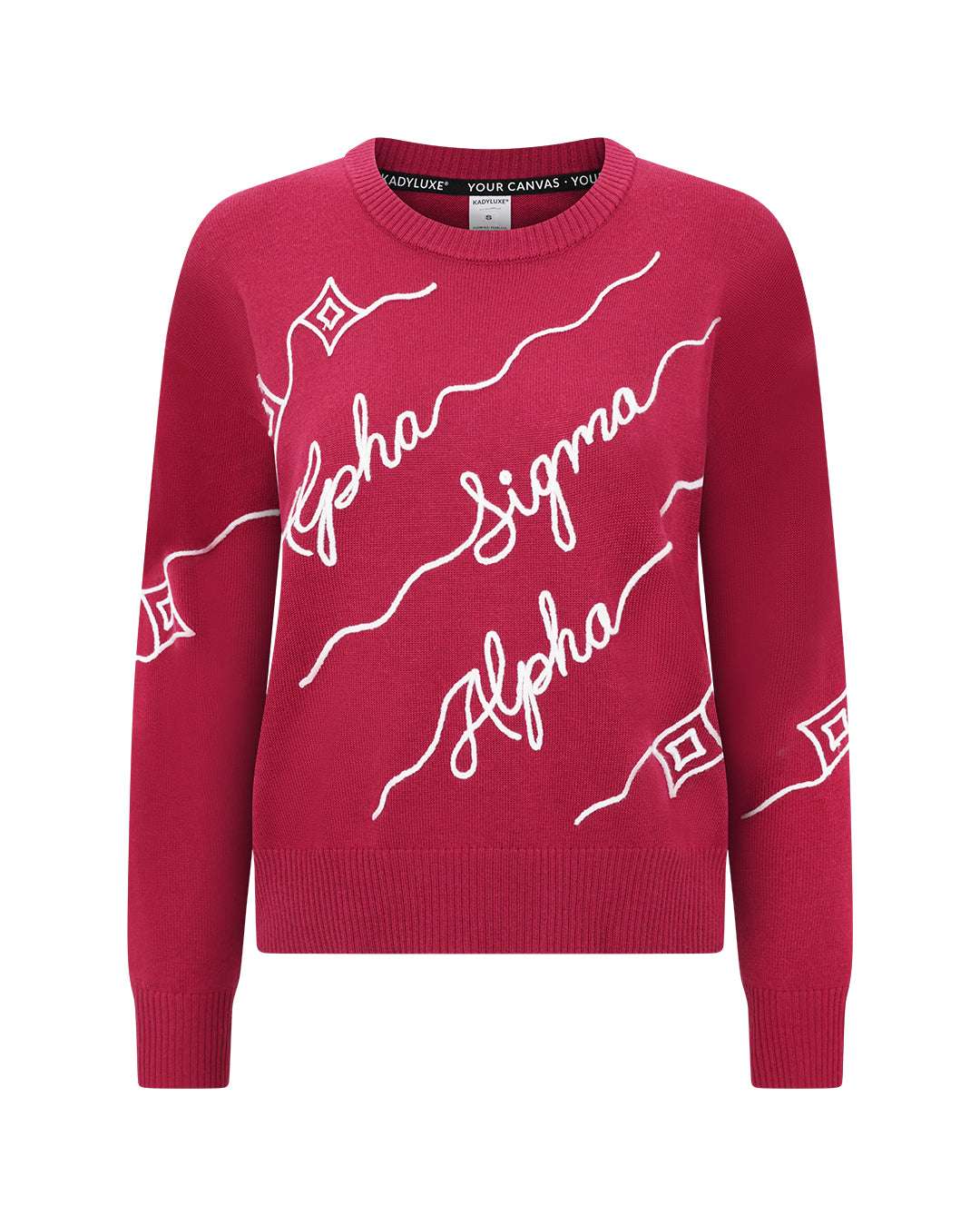 crimson red and white crewneck sorority sweater with Alpha Sigma Alpha embroidered logo, perfect for campus wear