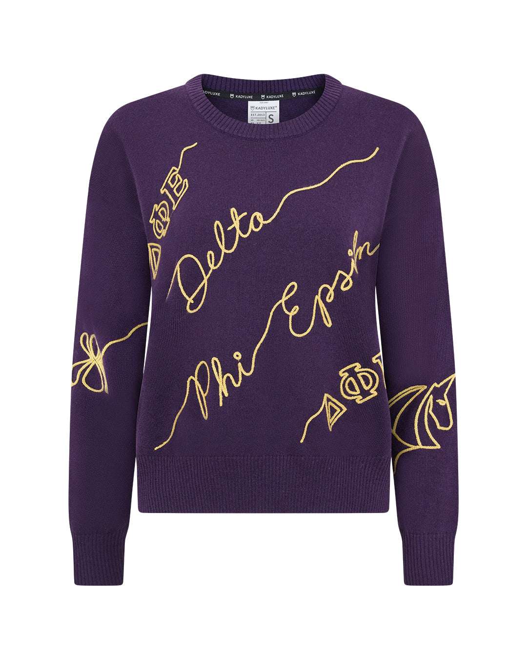 purple and gold crewneck sorority sweater with Delta Phi Epsilon embroidered logo, perfect for sorority recruitment