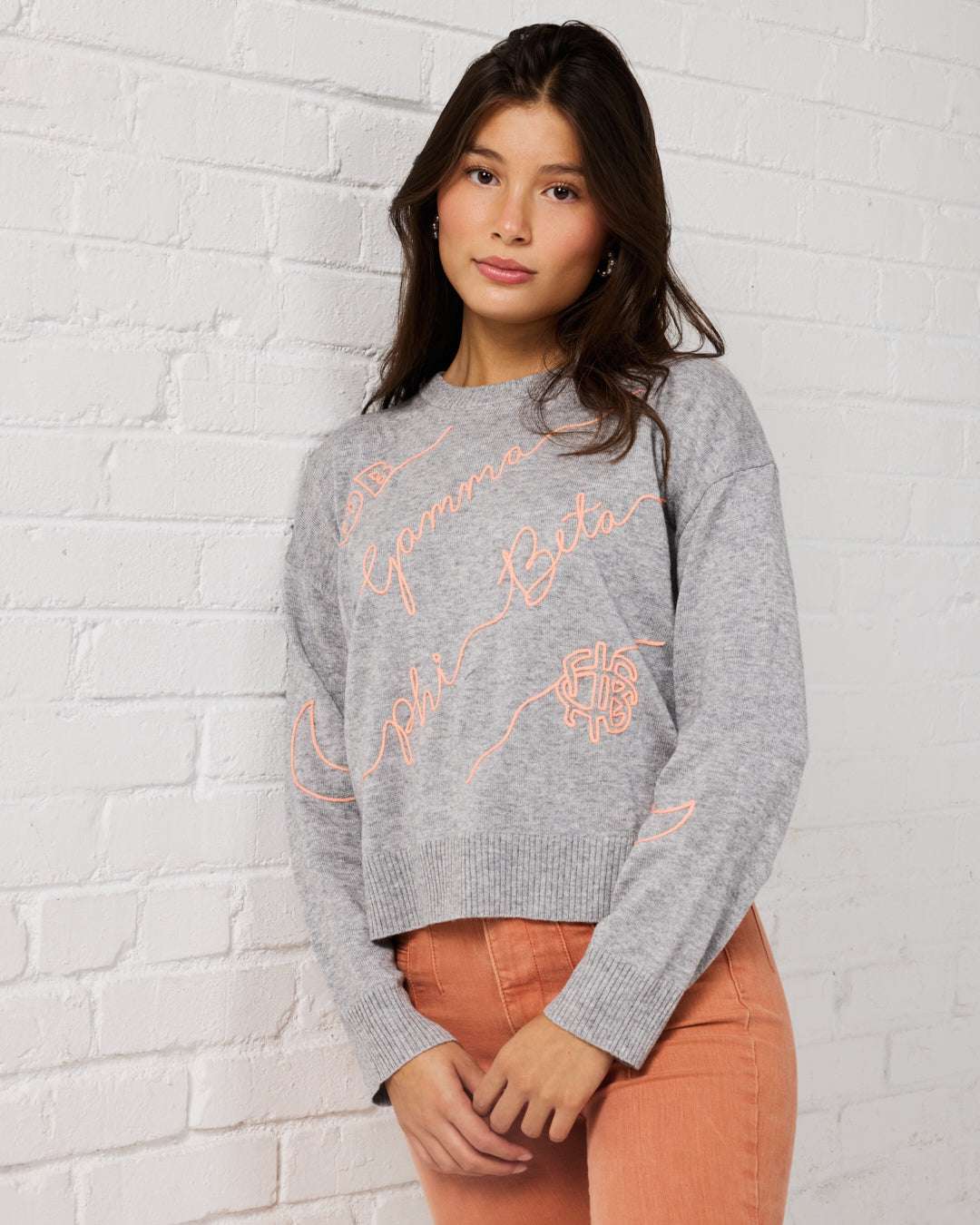 gray and peach long sleeve sorority sweater with Gamma Phi Beta embroidered logo, perfect for sorority alumni