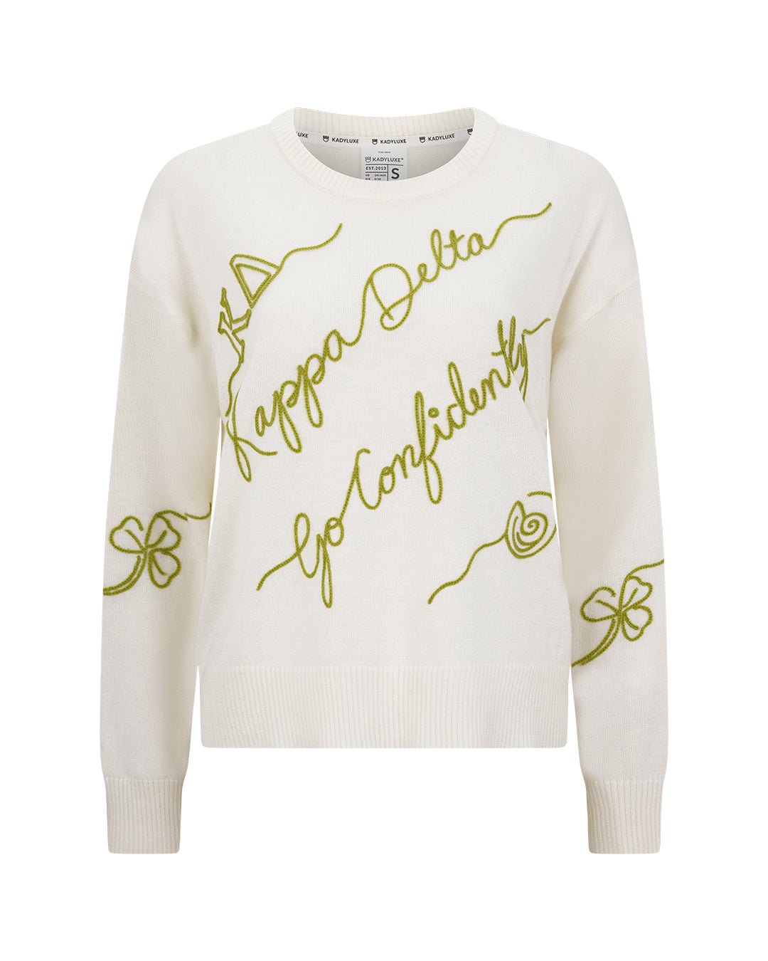 white and gold long sleeve sorority sweater with Kappa Delta embroidered logo, perfect for sorority themed gatherings