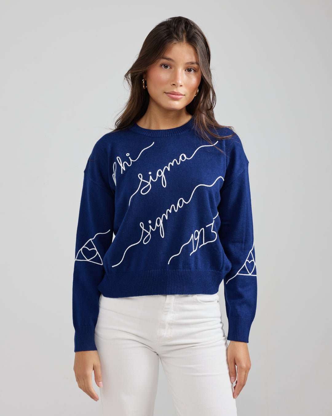 blue and white crewneck sorority sweater with Phi Sigma Sigma embroidered logo, perfect for sorority bid day celebrations