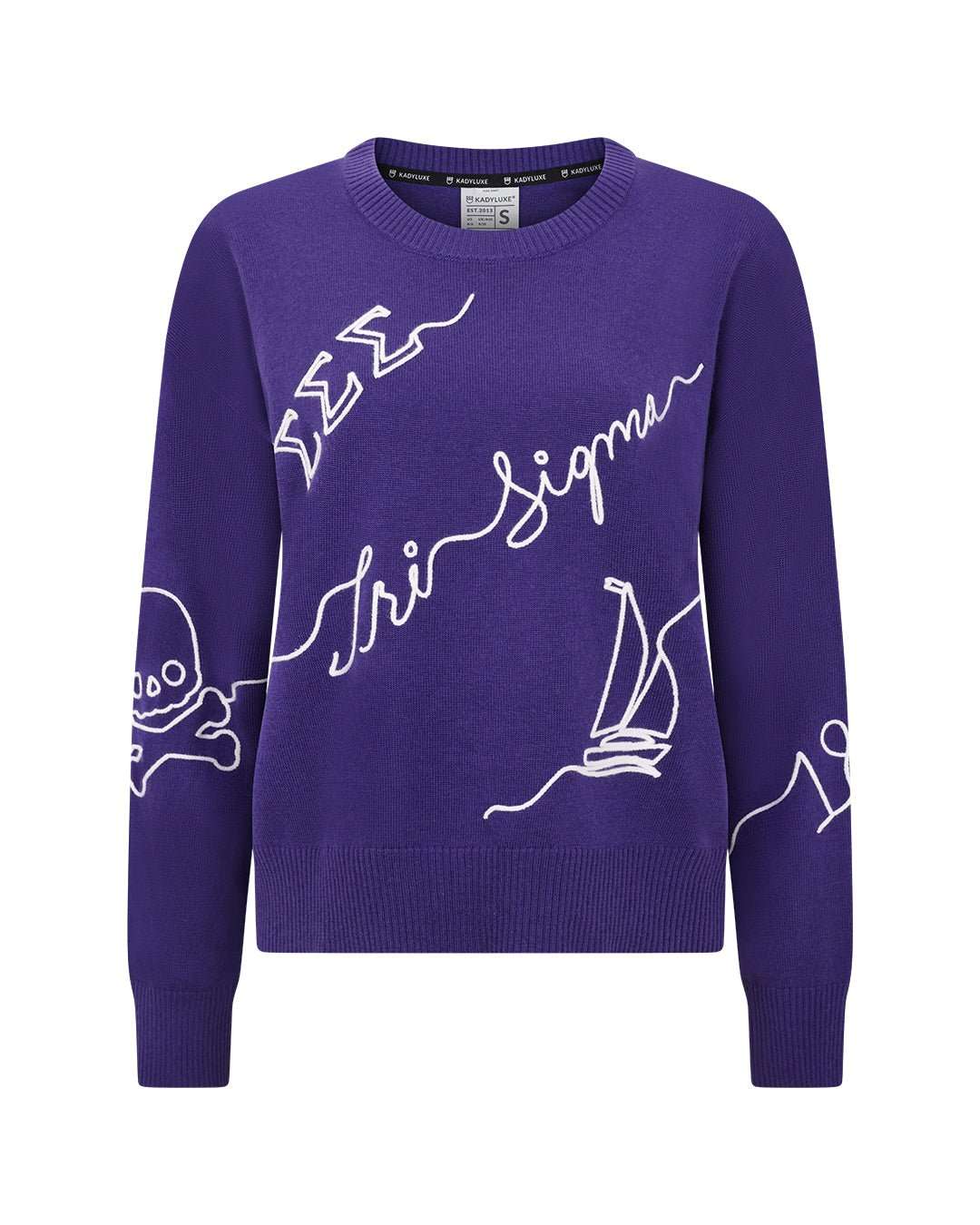 purple and white crewneck sorority sweater with Tri Sigma embroidered logo, perfect for college graduation photoshoot