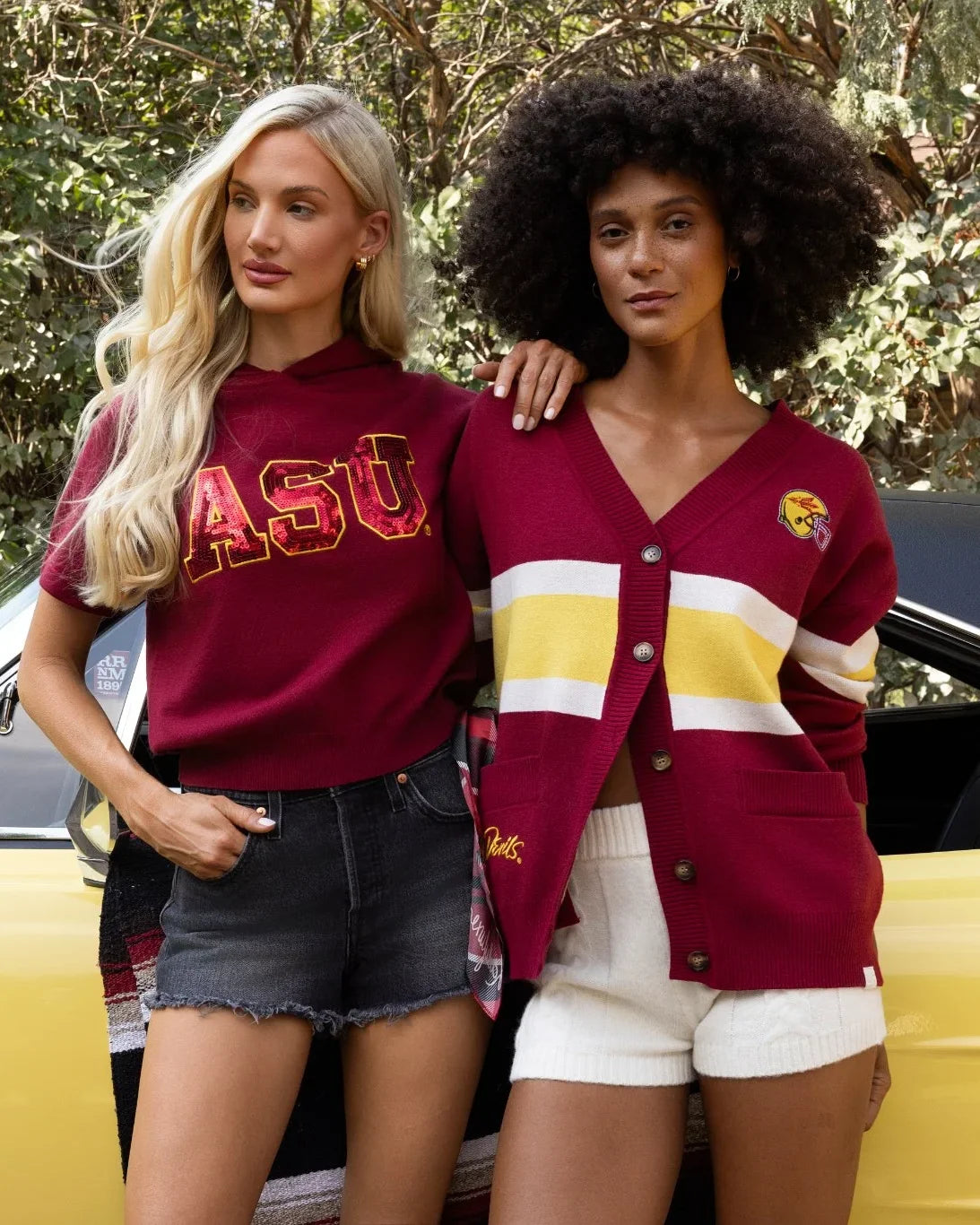Maroon Arizona State Sun Devils sequin knit hooded top with bold "ASU" lettering, styled casually with wide-leg jeans.