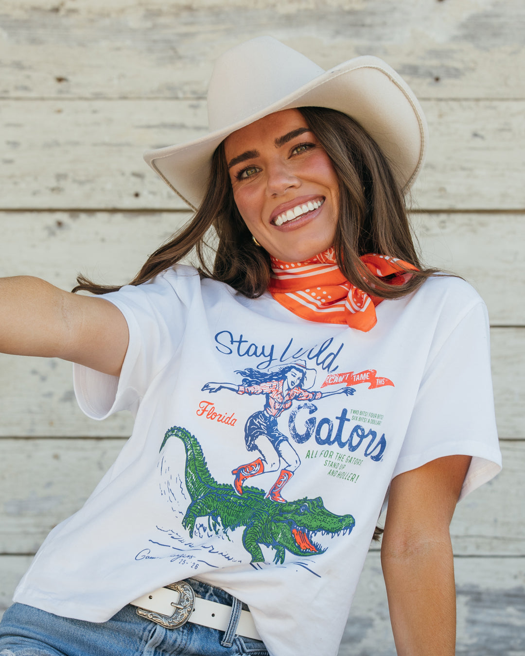 white short sleeve t-shirt with florida gators hand-drawn illustration, perfect for game days, tailgates, and campus wear.