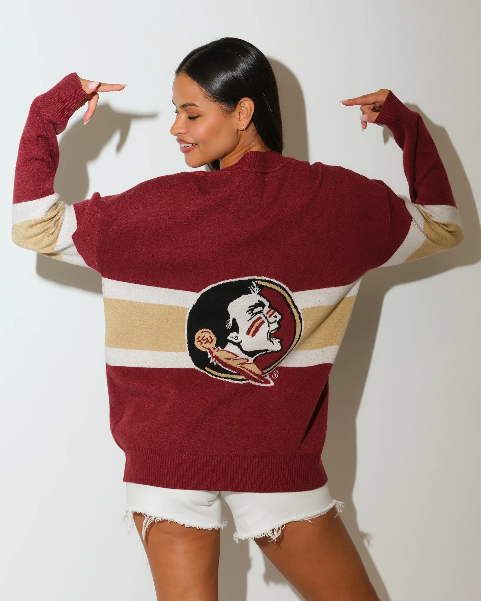 Maroon Florida State Seminoles oversized cardigan with tan and cream chest stripes, button front, and embroidered team lettering on the chest and sleeve.