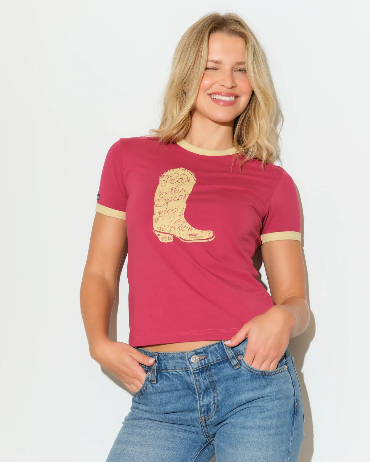 Maroon Florida State Seminoles women's ringer tee with gold trim and a large embroidered-style cowboy boot graphic on the chest.