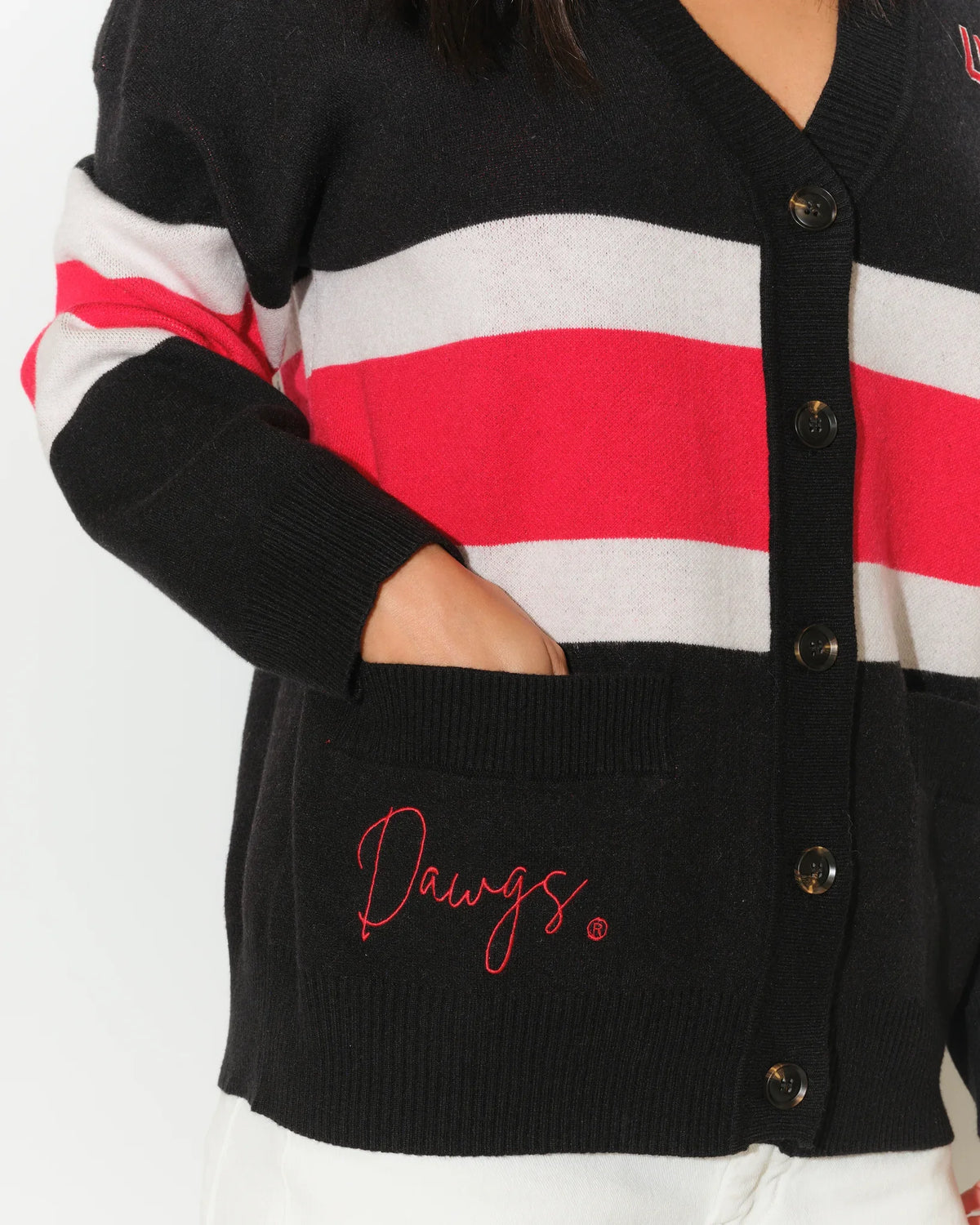 Black Georgia Bulldogs Vinti cardigan with bold red and white chest stripes, V-neck, button front, and embroidered "UGA" lettering.