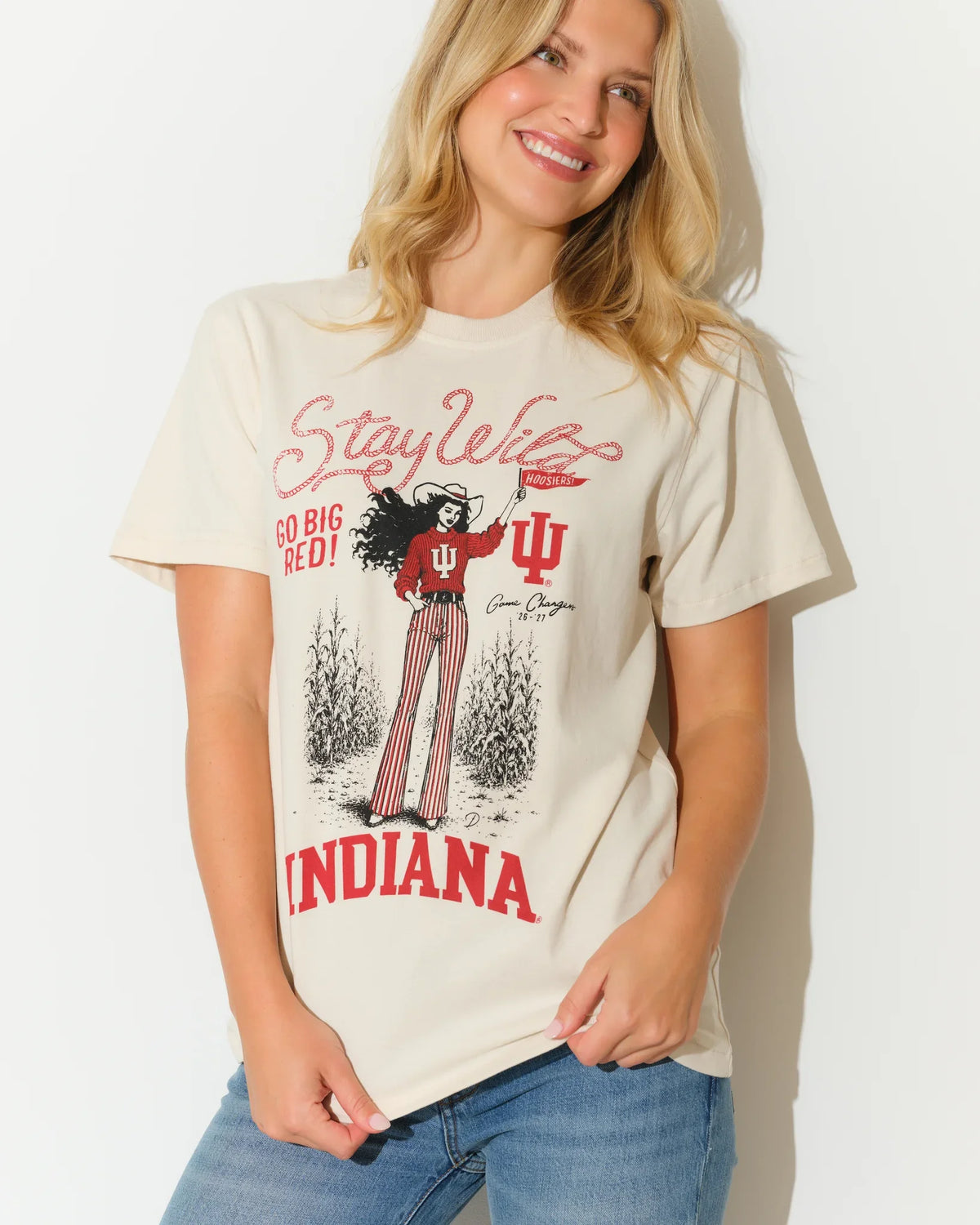 Bone Indiana Hoosiers Game Changer Tee featuring a retro graphic of a woman with "Stay Legit" and "Indiana" text in red and black.