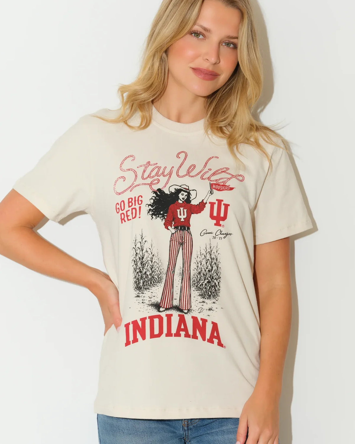 Bone Indiana Hoosiers Game Changer Tee featuring a retro graphic of a woman with "Stay Legit" and "Indiana" text in red and black.