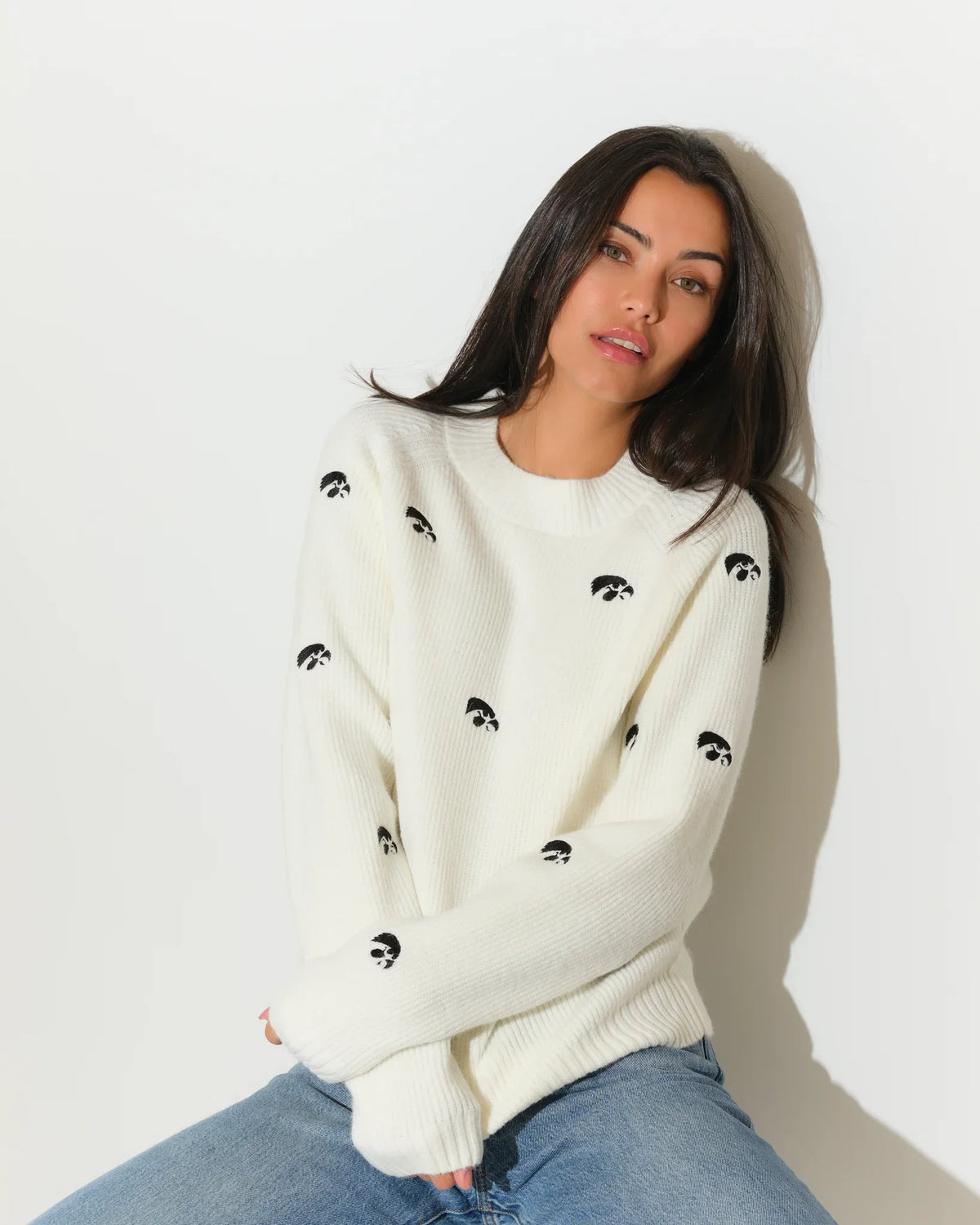 Ivory Iowa Hawkeyes fisherman sweater with allover embroidered Tigerhawk logos, shown in a relaxed crewneck knit style.