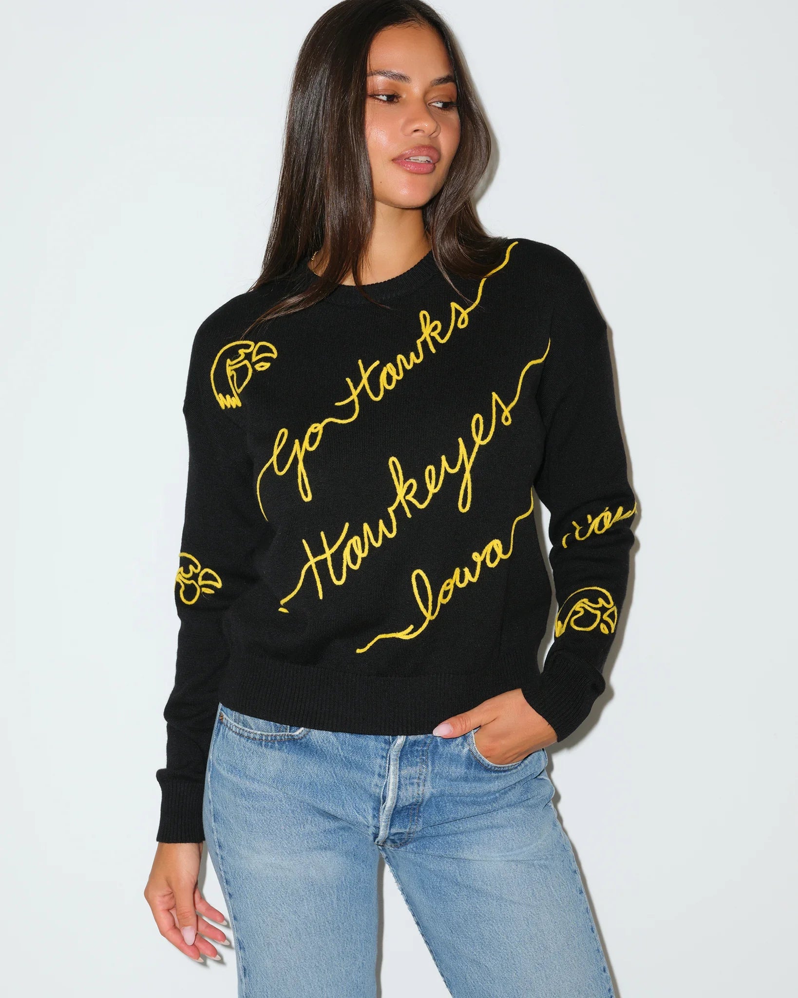 Black Iowa Hawkeyes crewneck sweater featuring gold script "Hawkeyes," "Iowa," and "Go Hawks" lettering with decorative accents throughout.