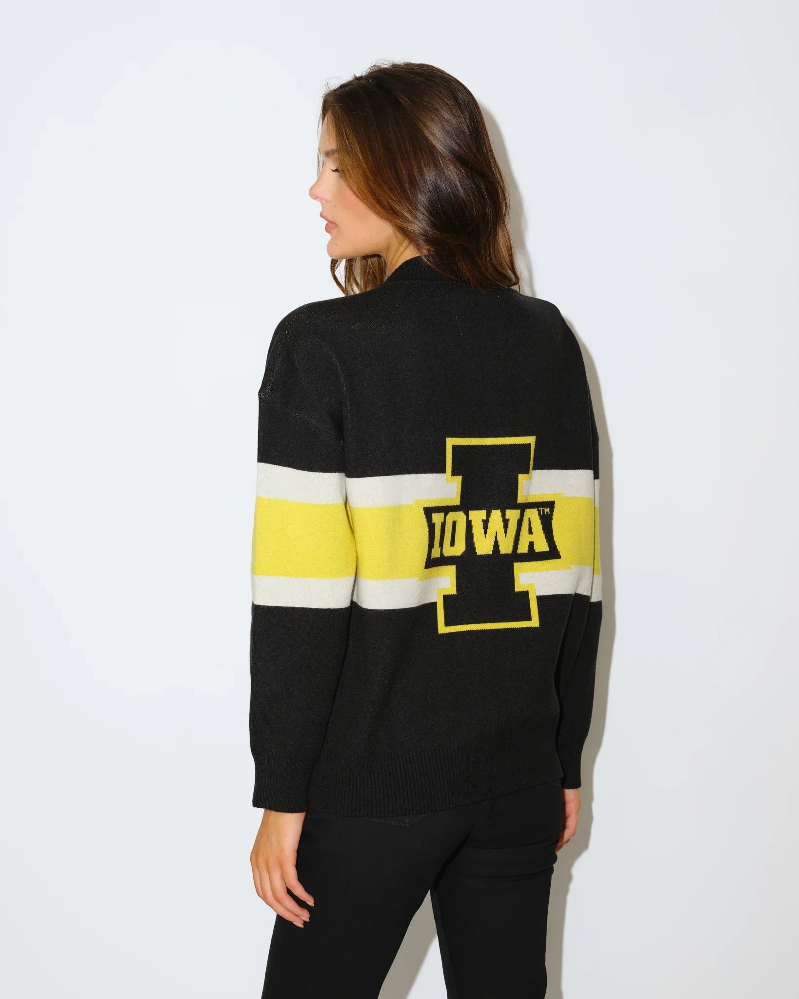Black Iowa Hawkeyes Vinti Cardi cardigan with colorblock stripes and an embroidered retro football helmet logo at the chest.