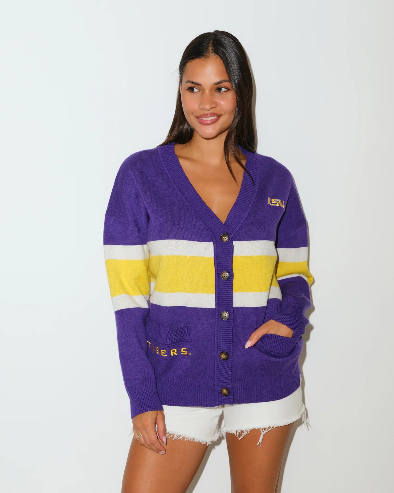 Purple LSU Tigers Vinti cardigan sweater with Louisiana state outline graphic and gold and white stripe detailing across the back.