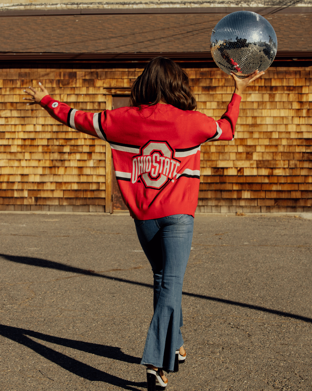 red long sleeve cardigan with ohio state buckeyes embroidery styled for tailgates, playoffs, campus, and game days.