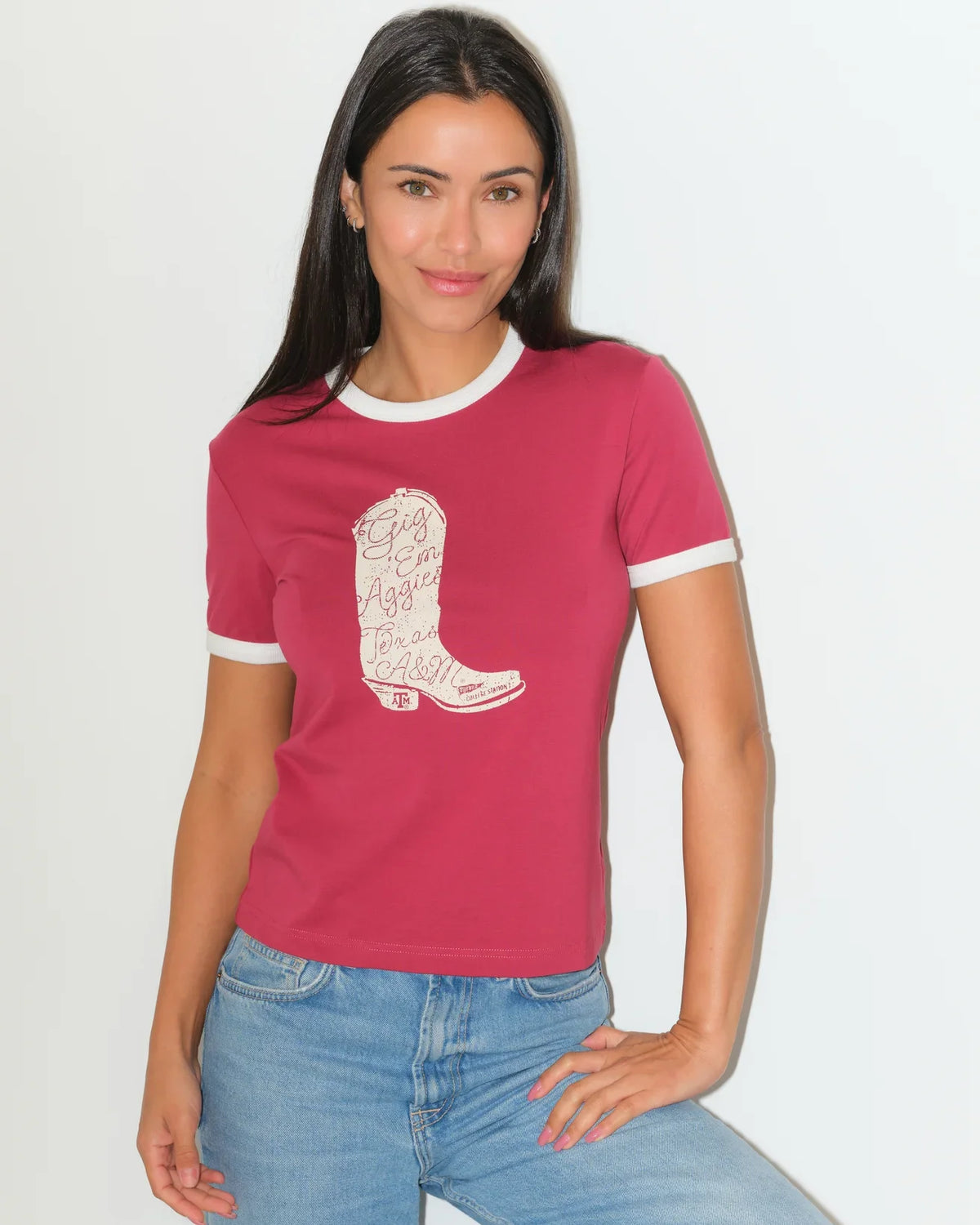 Maroon Texas A&M Aggies Western Ringer Tee with white contrast trim at the collar and sleeves, shown in a fitted silhouette from the back.