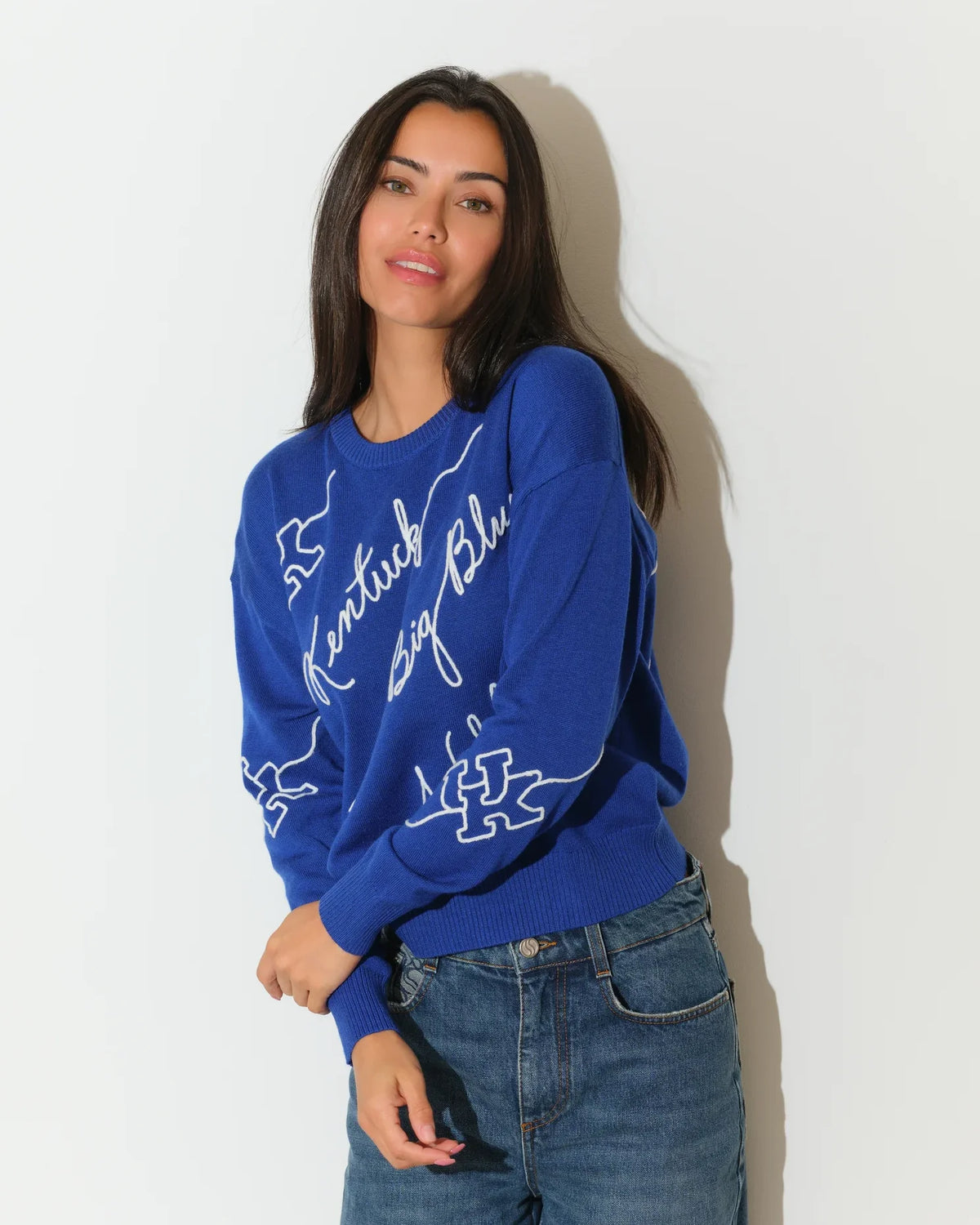 Royal blue University of Kentucky Love Letter Sweater with white cursive "Kentucky Go Big Blue Wildcats" script and wildcat graphics on sleeves.