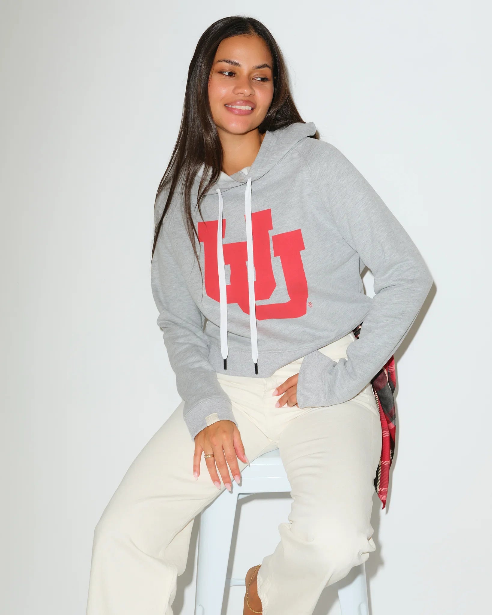 Heather grey Utah Utes cropped hoodie with a bold red interlocking U logo on the chest, drawstring hood, and a relaxed fit.