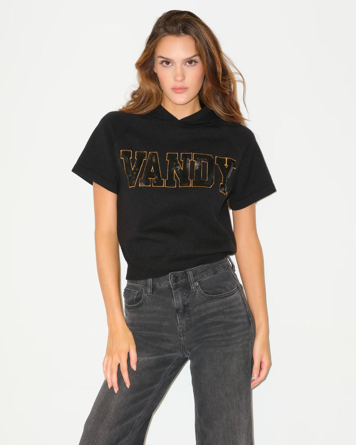 Black Vanderbilt Commodores short sleeve hoodie featuring bold "VANDY" sequin lettering across the chest in gold tones.