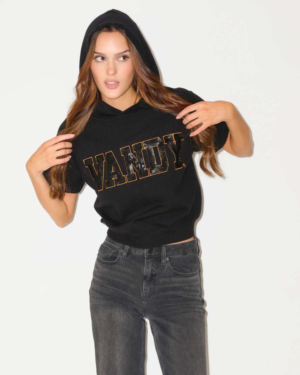 Black Vanderbilt Commodores short sleeve hoodie featuring bold "VANDY" sequin lettering across the chest in gold tones.