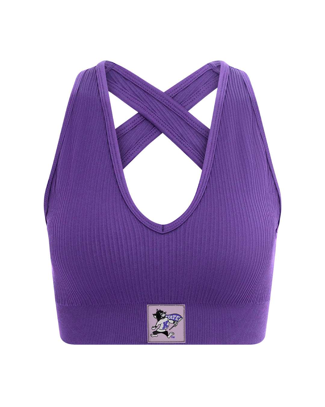 Purple seamless sports bra with Kansas State Wildcats patch, sleek and supportive for game day or workouts.