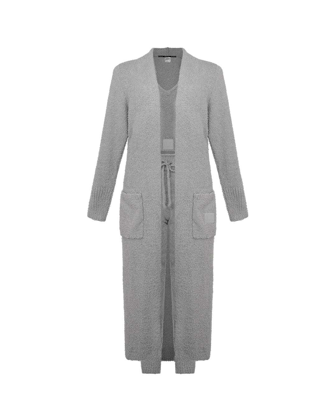 Gray fuzzy knit lounge set with Miami Hurricanes patch, ultra-soft and perfect for relaxed game days or campus wear.