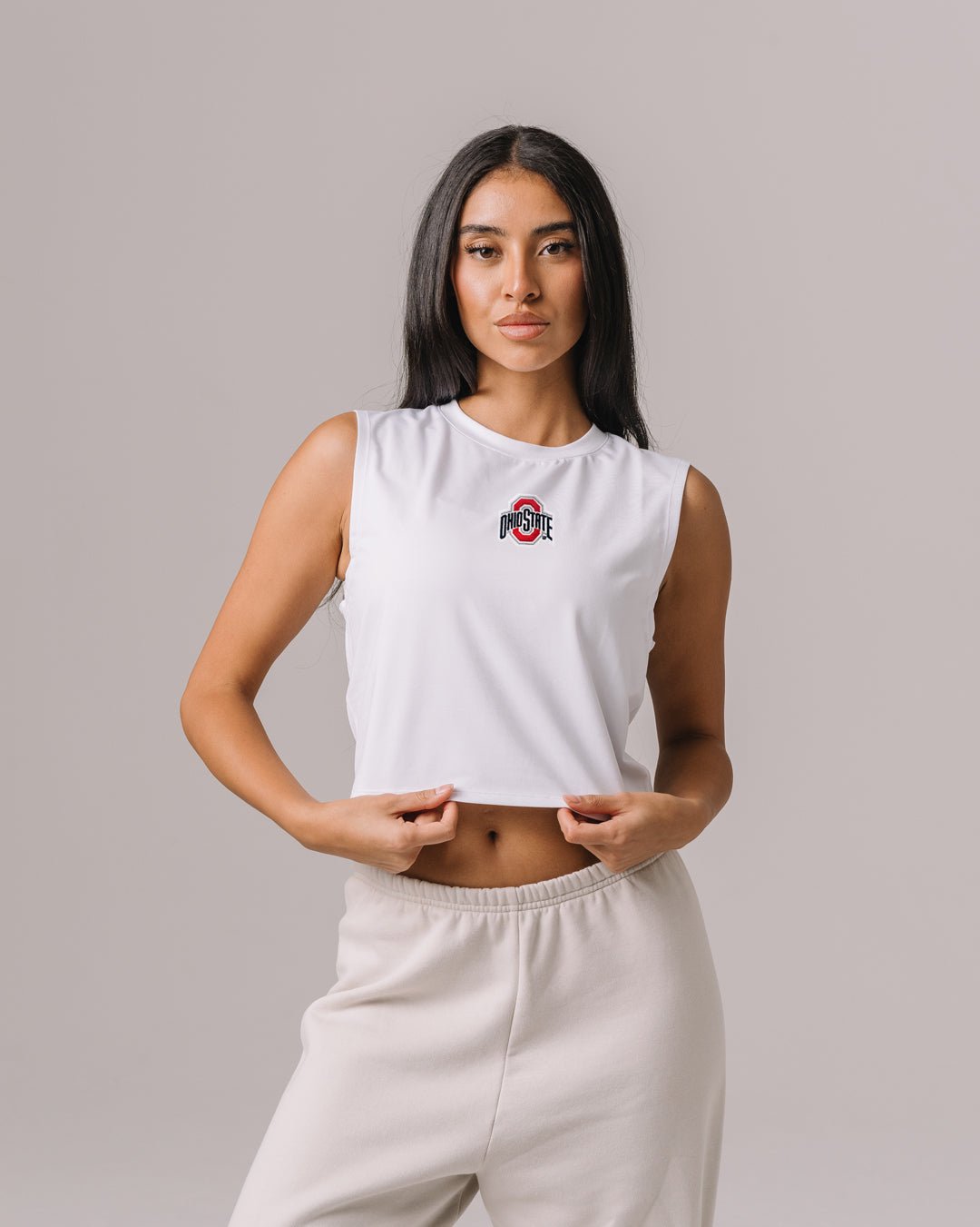 White Empower tank with Ohio State Buckeyes patch, styled for lounging