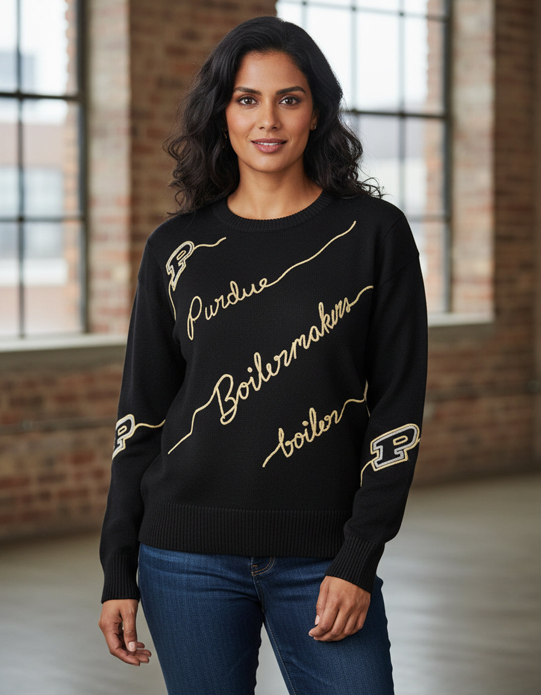 Woman wearing a black KadyLuxe designer Love Letter Purdue Boilermakers sweater.