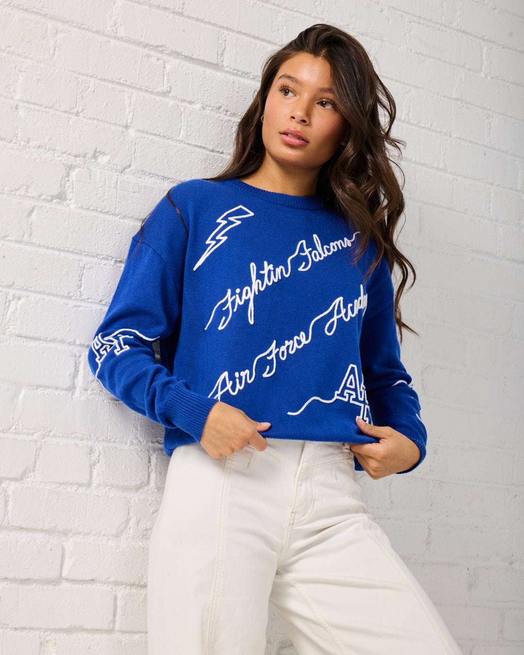 blue long sleeve sweater with U.S air force acadmey embroidery, styled for college tailgates and game day