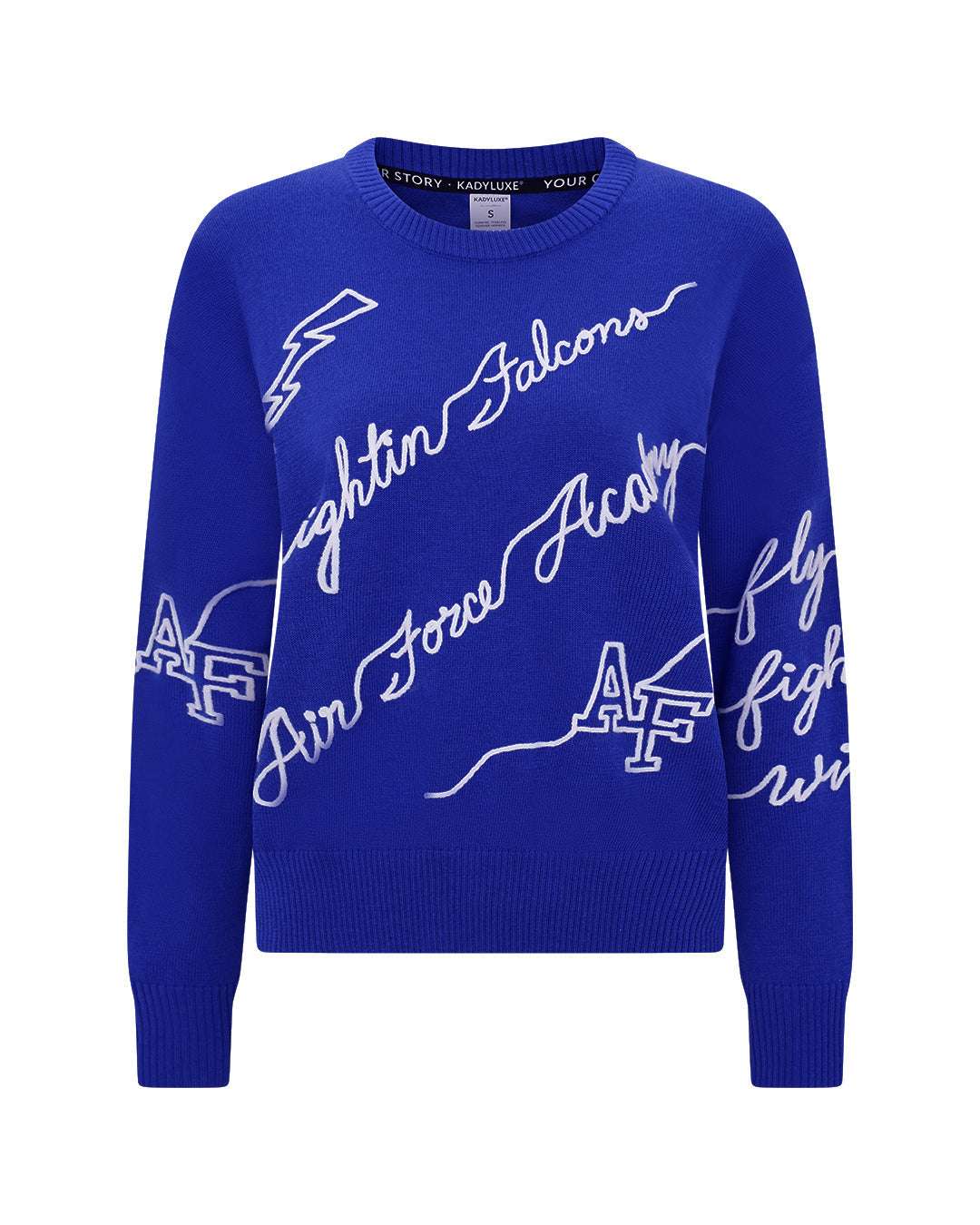 blue long sleeve sweater with U.S air force acadmey embroidery, styled for college tailgates and game day