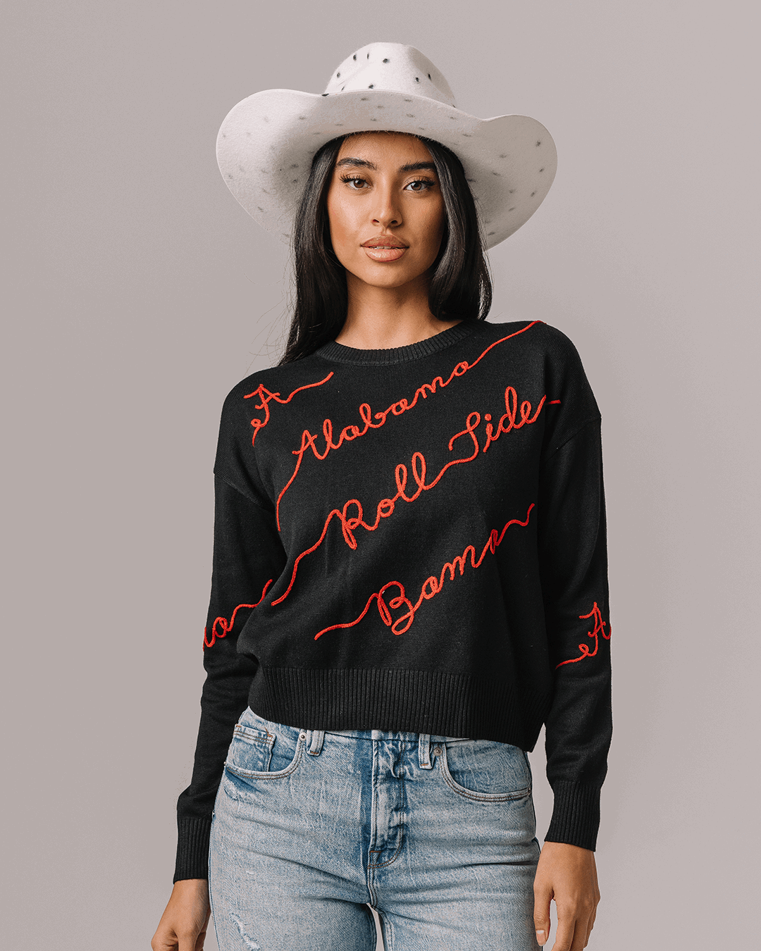 Black crewneck sweater with Alabama Crimson Tide embroidery perfect for spirited game day looks
