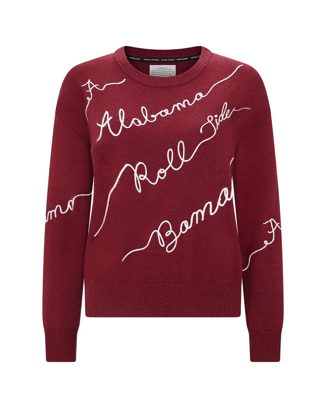 Red crewneck sweater with Alabama Crimson Tide embroidery perfect for spirited game day looks