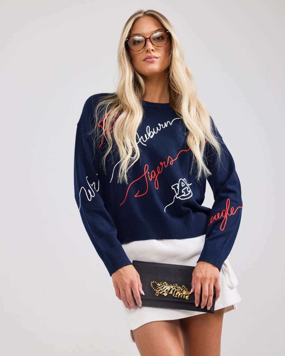 Navy long sleeve Love Letter Sweater with Auburn Tigers embroidery, perfect for game day, campus wear, or tailgates.