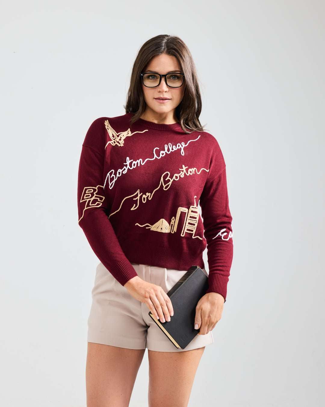 red long sleeve sweater with boston college eagles embroidery, perfect for back to school
