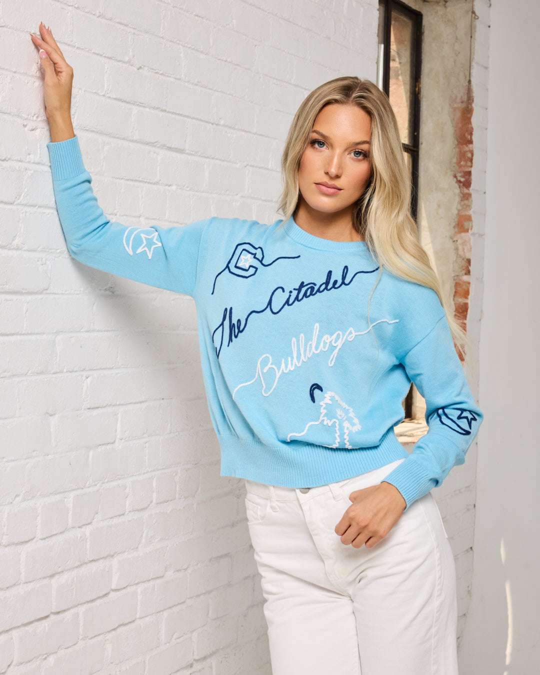 blue long sleeve sweater with citadel bulldogs embroidery, perfect for college tailgates