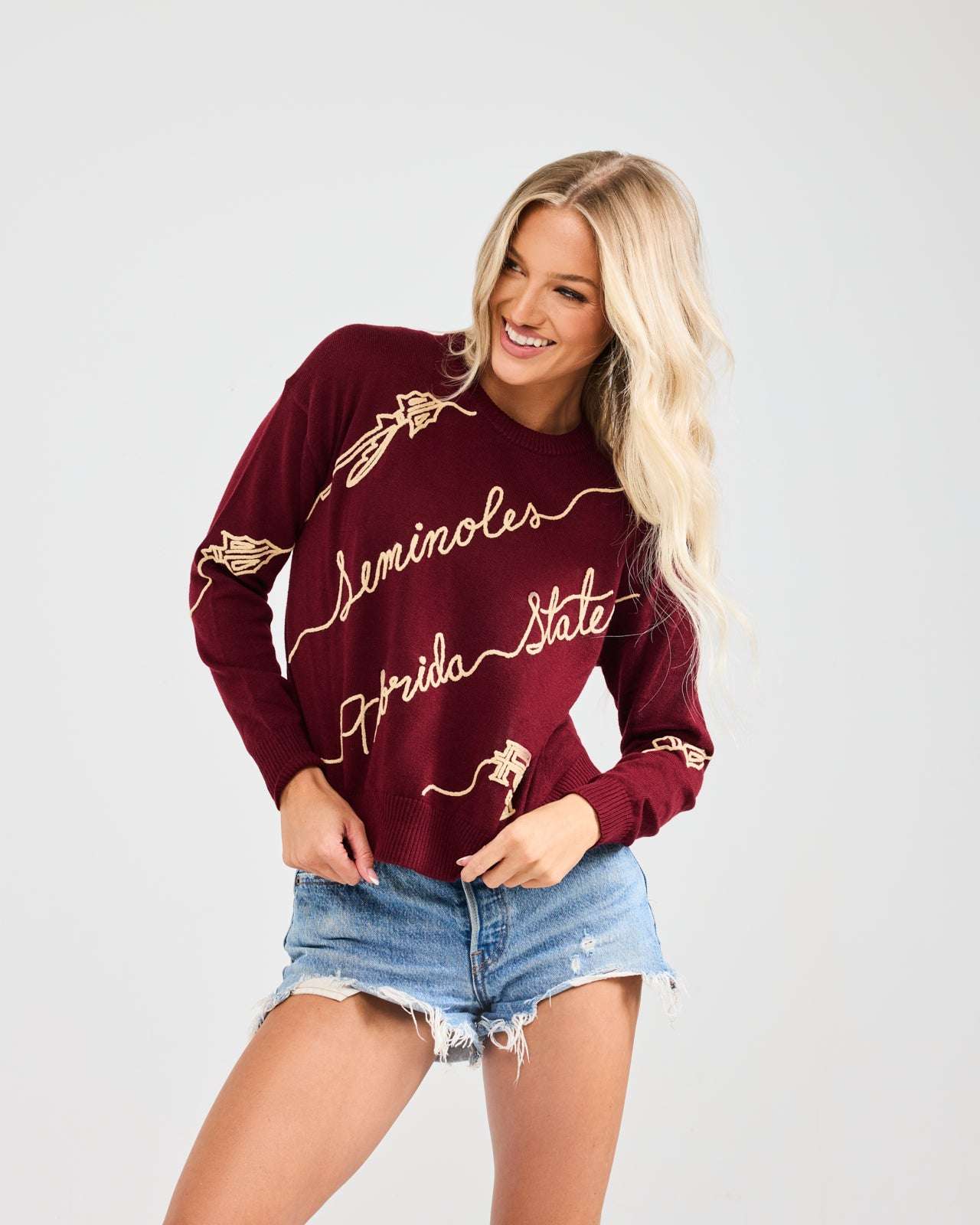 maroon crewneck sweater with florida state seminoles embroidery, styled for college tailgates