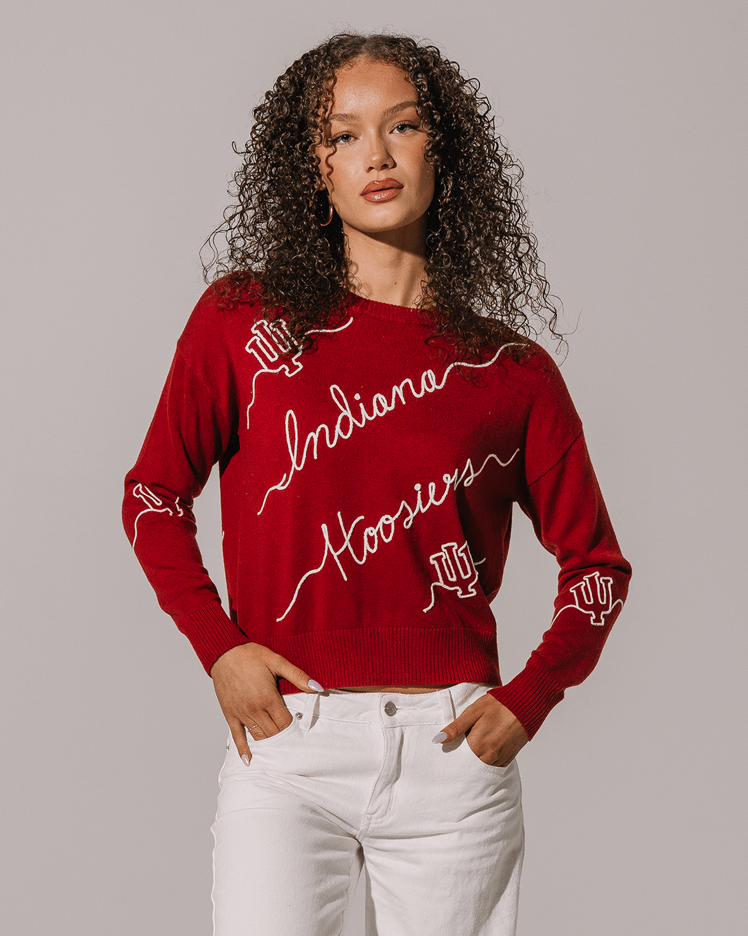 red long sleeve sweater with indiana hoosiers embroidery, perfect for college class outfits