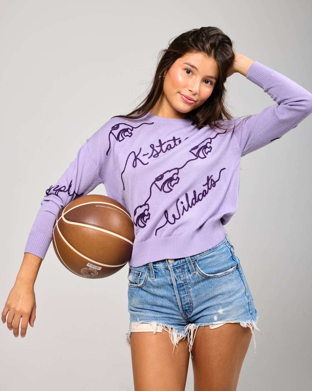 purple long sleeve sweater with kansas state wildcats embroidery, perfect for college game day and basketball games