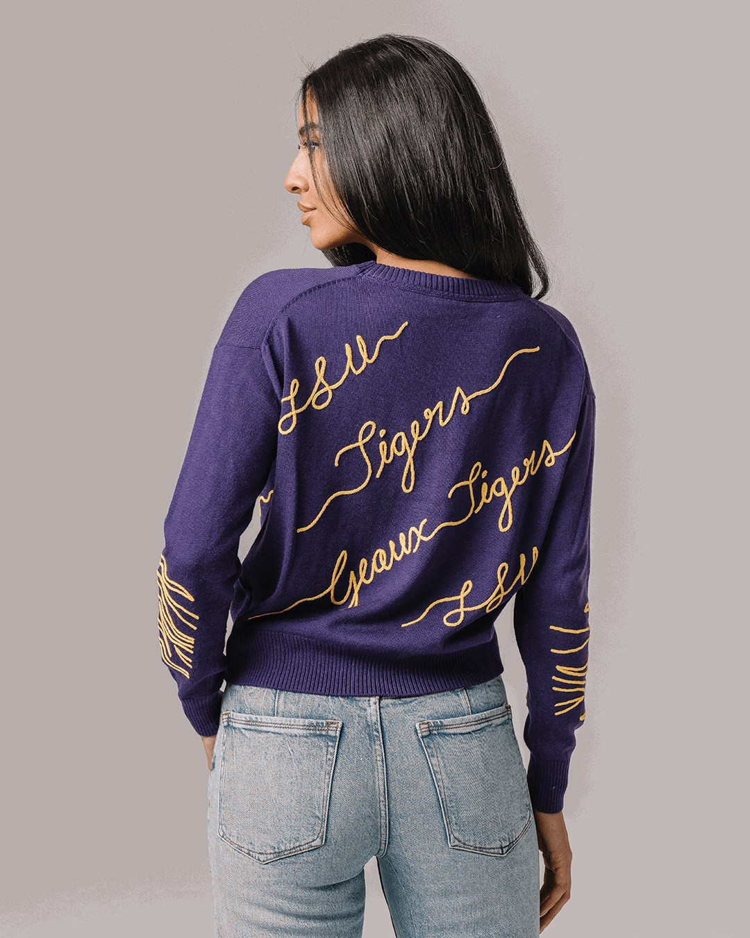 purple long sleeve sweater with lsu tigers embroidery, perfect for football season and college tailgates