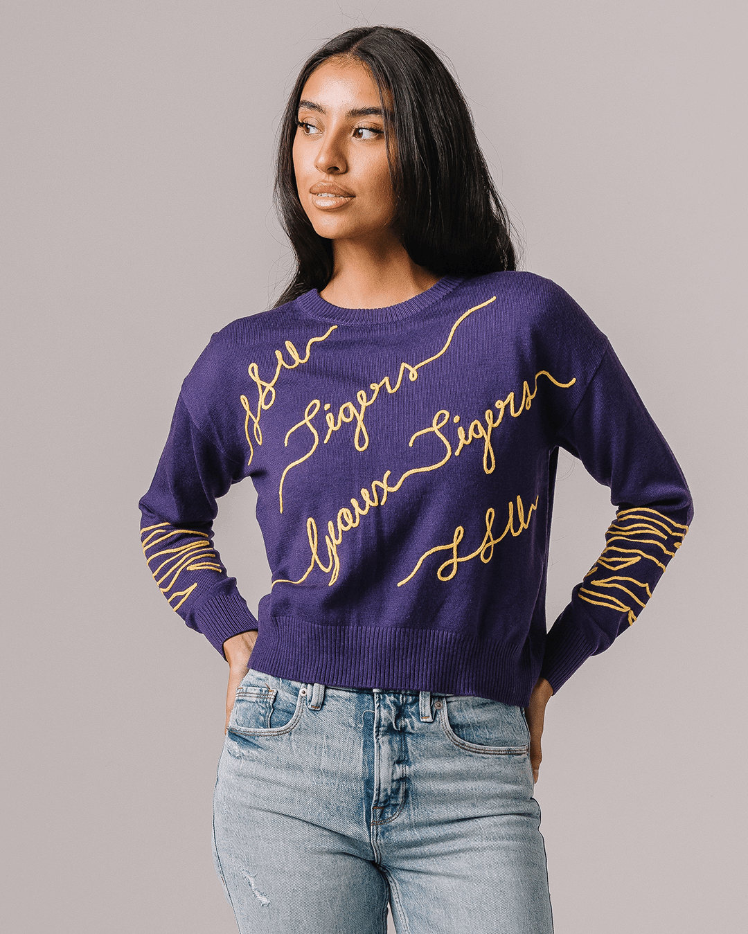 purple long sleeve sweater with lsu tigers embroidery, perfect for football season and college tailgates