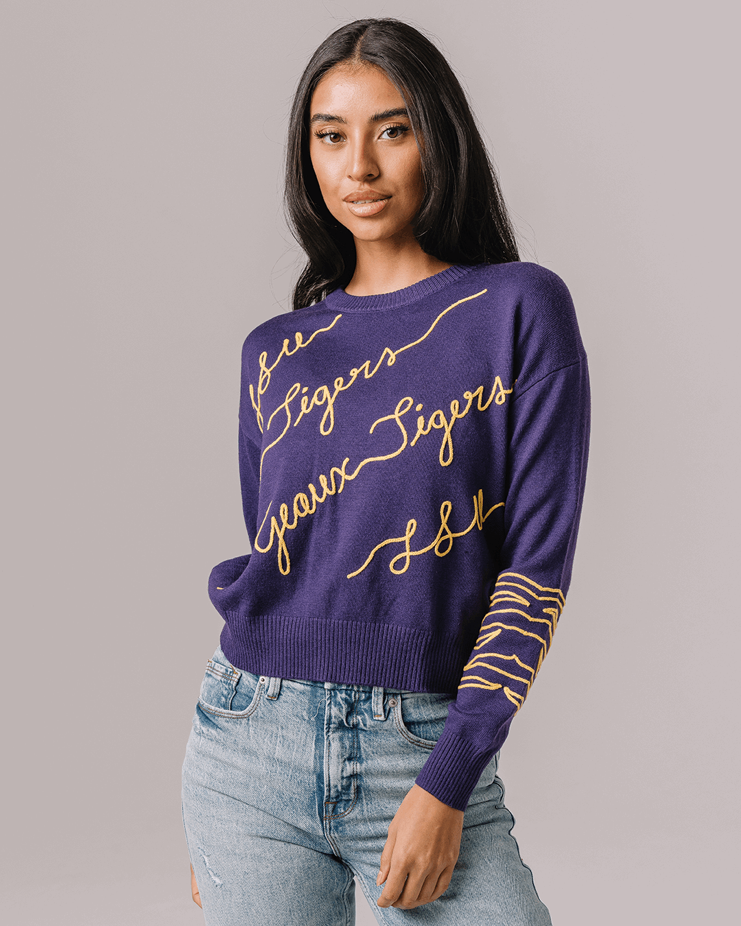 purple long sleeve sweater with lsu tigers embroidery, perfect for football season and college tailgates
