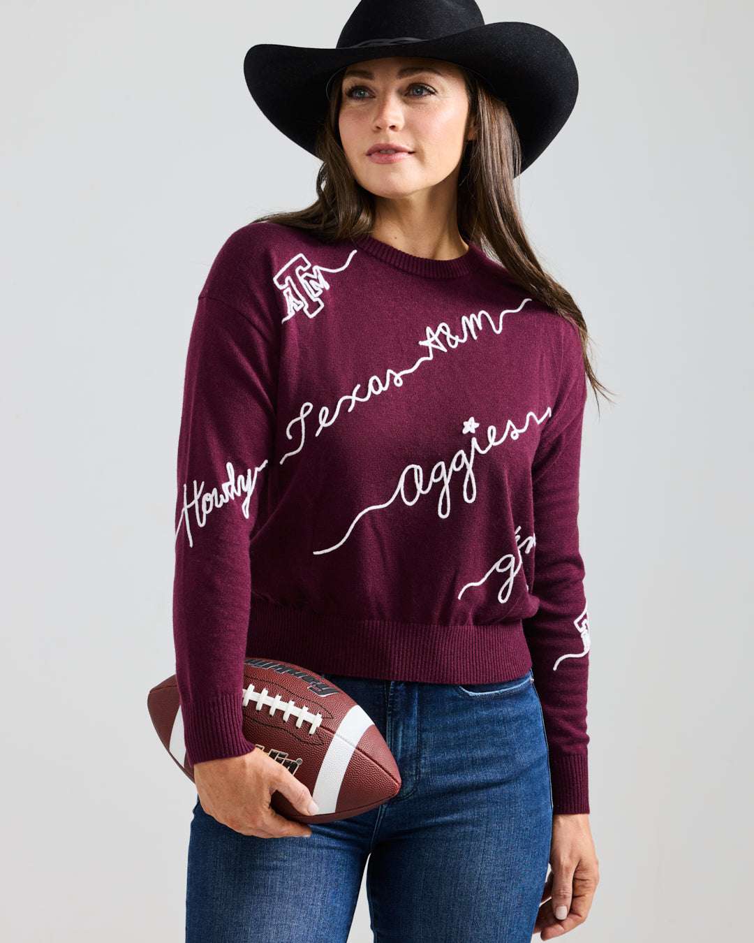 maroon long sleeve sweater with texas aggies embroidery, perfect for college kick off