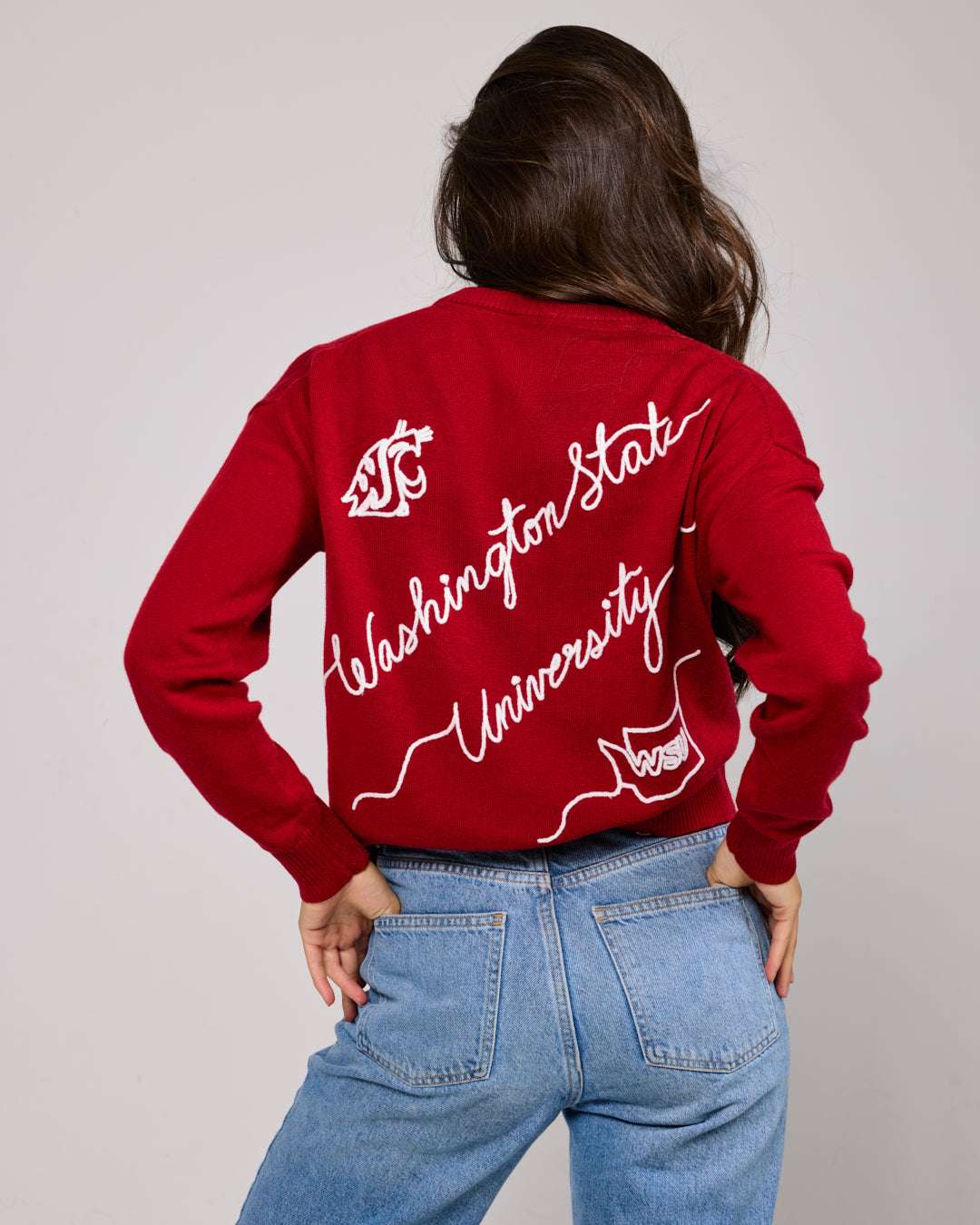 red crewneck sweater with washington state university embroidery, perfect for college back to school