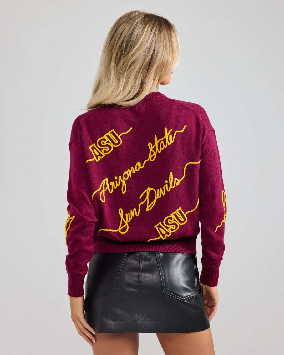maroon long sleeve sweater with ASU Sun Devils embroidery, perfect for alumni events and game day