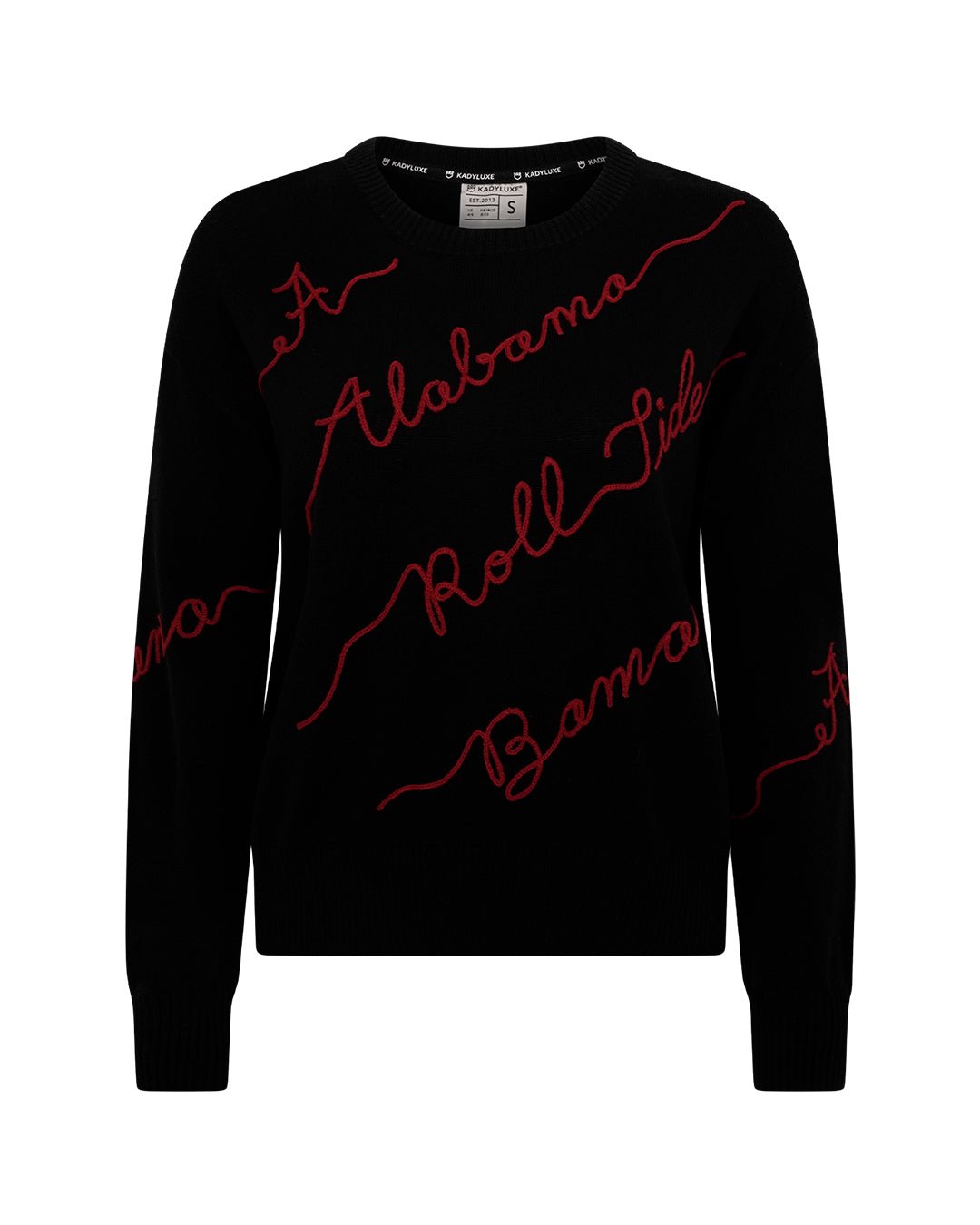 Black crewneck sweater with Alabama Crimson Tide embroidery perfect for spirited game day looks