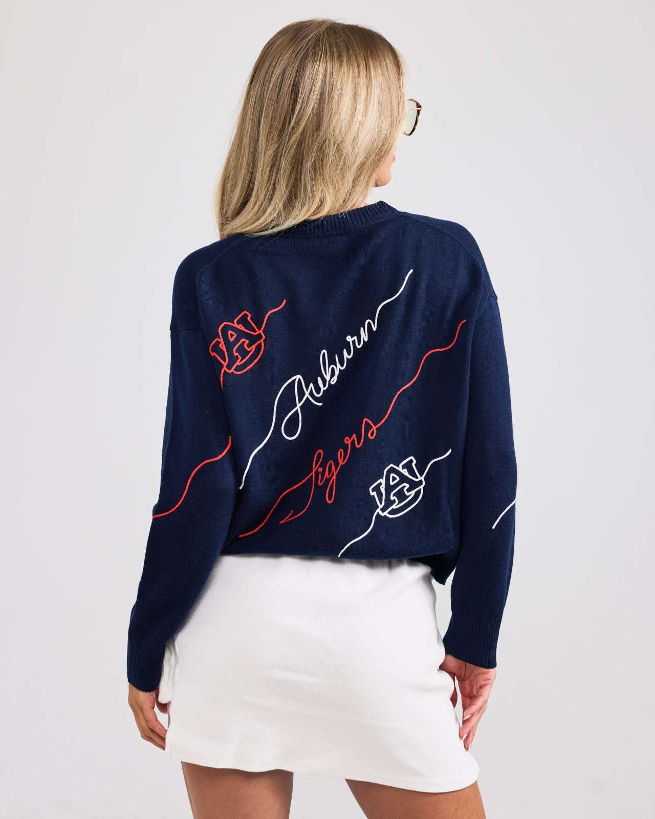 Navy long sleeve Love Letter Sweater with Auburn Tigers embroidery, perfect for game day, campus wear, or tailgates.