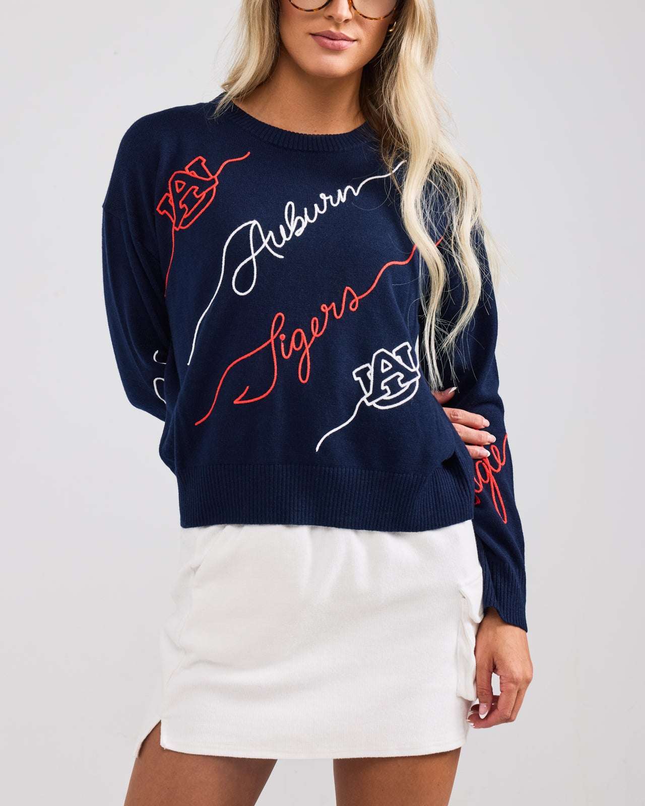 Navy long sleeve Love Letter Sweater with Auburn Tigers embroidery, perfect for game day, campus wear, or tailgates.