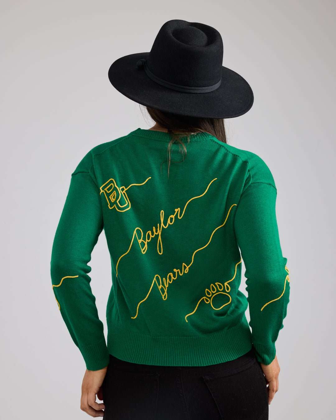 green long sleeve sweater with baylor bears embroidery, perfect for college game days