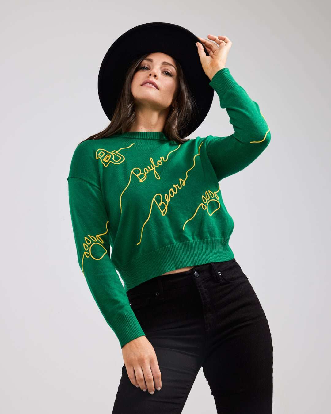 green long sleeve sweater with baylor bears embroidery, perfect for college game days